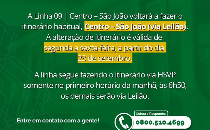 Linha 09 volta a ser Centro – São João (via Leilão) nos dias de semana
