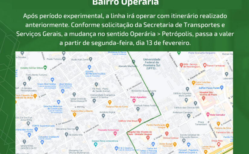 Após período experimental, a linha de ônibus L05| Operária – Petrópolis voltará a circular com itinerário anterior no Bairro Operária