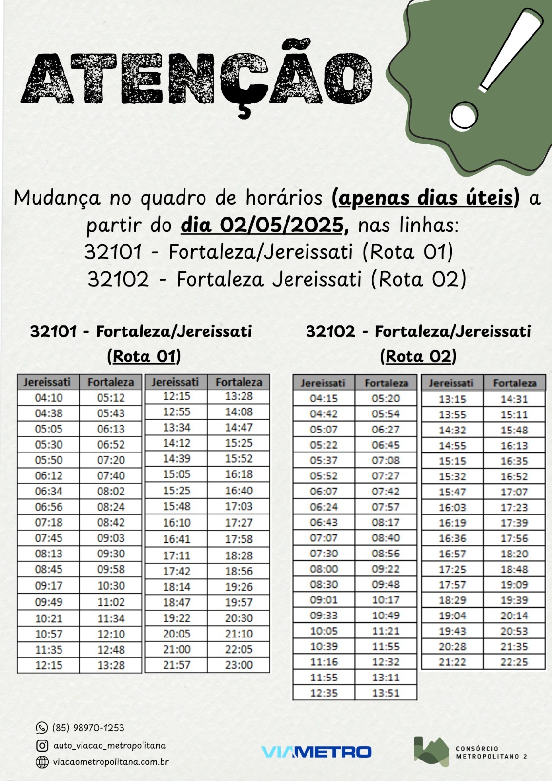 Informativo contendo os novos horários das linhas. Com link para o site do CONSÓRCIO METROPOLITANO 2